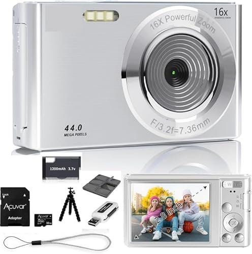 Acuvar 44MP 4K Digital Camera 16X Zoom, 2.4 Screen, 32GB Micro SD Card, Tripod, Card Reader – Compact Digital Point and Shoot Camera for Kids, Teens, Camera for Photography – Vlogging Camera Kit