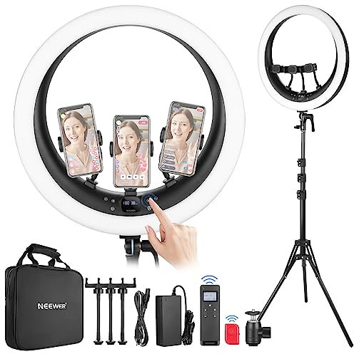 NEEWER 19Zoll Ringlicht mit Ständer,3 Telefonhalterungen & Mini Kugelkopf,verbesserte 2,4G&Touch Steuerung,sanftes Dimmen bei 1%,3200K-5600K Ring Light für TikTok Live Streaming Video Aufnahme, RP19H