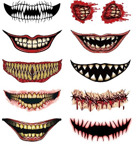 Für größere Ansicht Maus über das Bild ziehen Halloween Tattoo Gesicht, 10pcs Halloween Mouth Tattoos, Temporäre Gesichtstattoo Narben Tattoos Aufkleber Make up