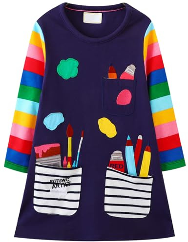 Långärmad bomullströja flickklänning ledig t-shirtklänning, Marinblå_regnbågsärmar, 5-6 år