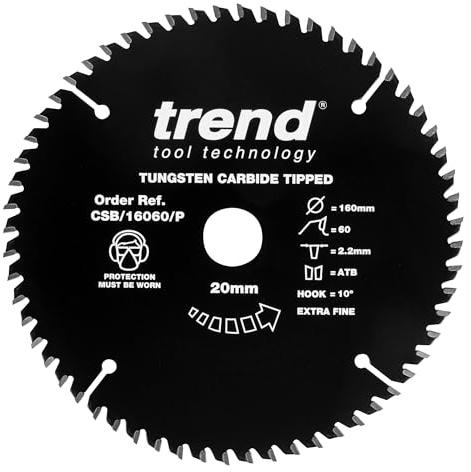 Trend Holz PTFE Kreissägeblatt, 160mm Durchmesser, 20mm Bohrung, 60 Zähne, HW, 2,2mm Schnittbreite, CSB/16060/P