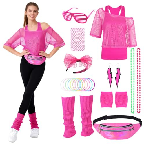 Miulruma Damen 80er 90er Jahre Outfit Neon Party Set mit Netzshirt, Tank Top, Bauchtasche, Beinwärmer, Stirnband, Ohrring, Halskette & Zubehör für Karneval & Mottoparty A029L