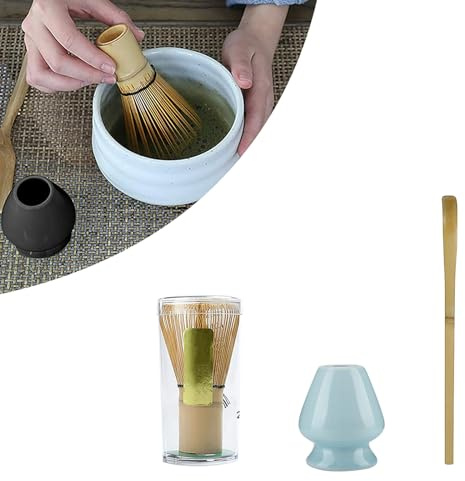 Viitech Juego de 3 té matcha, accesorio de ceremonia de matcha Janpanese, incluye soporte para batidor de té de cerámica, batidor de matcha y cuchara de té, para ceremonia de té, beber té