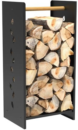 teileplus24 BHS8 Kaminholzregal Innen Außen | Brennholzregal Metall | Kaminholzkorb | Industrial Look | Blätter Motiv | Freistehend, Modell:Schwarz Blätter
