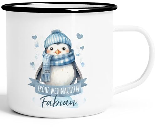 SpecialMe® Emaille Tasse Weihnachten Tier-Motive personalisiert mit Namen Namenstasse Geschenk für Jungen und Mädchen Emaille-weiss-schwarz standard