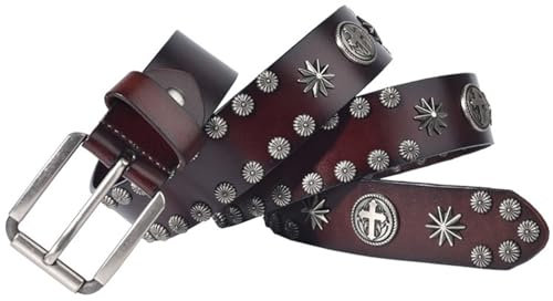 NALANY Herren Damen Nietengürtel Im Punk Hip Hop Style Leder Gürtel Mit Kreuz Runde Nieten Und Legierung Dornschließe Ledergürtel 38mm Breit(110cm/43, Brown)
