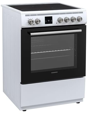 Daewoo F6EV22WL3DE Standherd mit Glaskeramik-Kochfeld, A, Garraumvolumen: 65 L, 8 Beheizungsarten mit Ober-/Unterhitze, Leicht-Reinigungs Email, 4 Kochzonen, Weiß