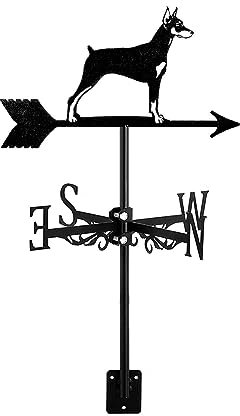 Windfahne Eisen Wetterfahne Metall Dachhalterung für Garten Bauernhaus Schwarz Dekorativ mit Kunst Hund Form Tiere Ornament Richtungsanzeiger Wetterhahn Dobermann