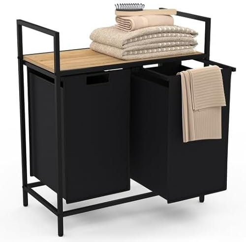 IDMarket - Panier à Linge 2 bacs Detroit Tissu Noir Design Industriel