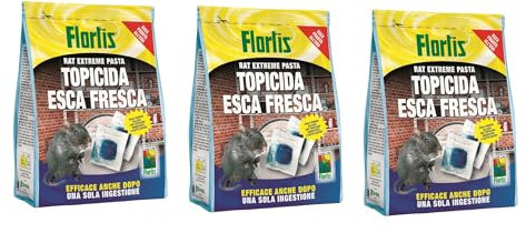Flortis Topicida esca fresca. Kit 3 confezioni esca topi da 150g. Veleno per topi. Esca per topi pronto uso. Veleno per topi per uso domestico. Veleno topi in pasta fresca per uso esterno e interno.