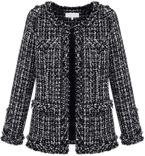 Veste en Tweed décontractée pour Femmes Automne élégant vêtements de Travail boutonnés à Carreaux Noir et Blanc Veste de Bureau Revers sans col Veste en Tweed Formelle (Black,4XL)