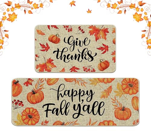 FONDUO Küchenläufer, Küchenteppich rutschfest Waschbar, Teppich Küche für Halloween Erntedankfest Herbs Deko, Kürbis Deko Matte Für Küchen, Esszimmer, Flur, Wasserbar, Waschküche (B x 2 Stück)