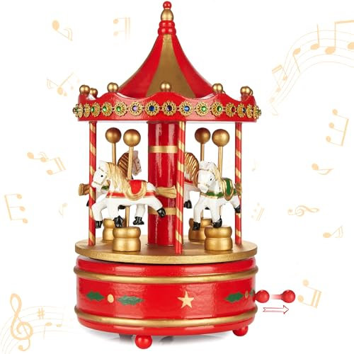 Brubaker Carillon in Legno - Giostra Nostalgica con Cavalli - Melodia: Jingle Bells - Carillon da 24 cm Regalo e Addobbo per Natale - Carillon per Decorazioni Natalizie - Oro Rosso