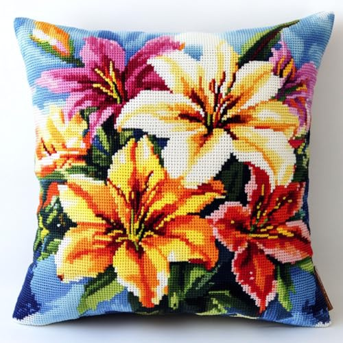 AMBATTERY Cuscino Punto Croce con Fiori di Giglio Colorati, Set da Ricamare Prestampato 45x45cm con Kit per Ricamo a Mano