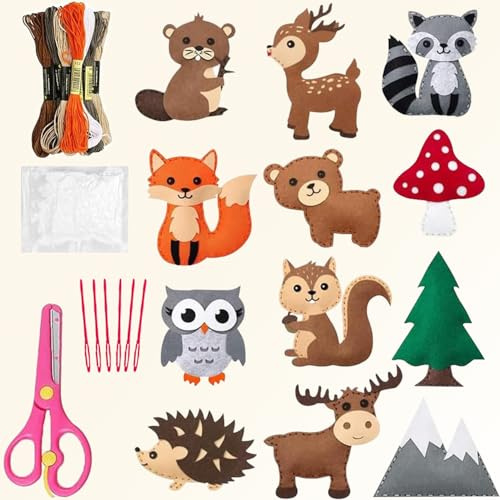 Cerkkapo Nähset Für Kinder,Nähset Kinder,Filztiere Nähen Set,DIY Nähset KinderTierformen,Kinder Nähset,Nähen Kinder,Pädagogisches Nähset für Anfänger Kinder,Festliche Kreativsets(WaldTier)