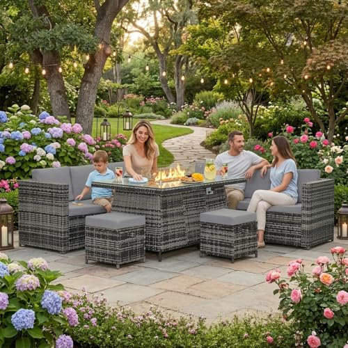 Alivio 8 Seater Rattan Furniture Set with Built-In Fire Pit, Luxury PE Rattan Garden Furniture Seating, Anti-UV Cushions with 2 x Three-Seater, 1 x Corner Table, 2 x Stool, 1 x Centre Table (Grey)