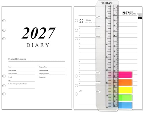 NEYSA Diary 2027 Refill Day per Page, Jan to Dec 2027,Extra Annual Monthly Overview, Notes, Contact, 6 Hole, Page a Day Academic Daily Planner Inserts for A5 Organizer/Binder,Filofax A5 Compatible