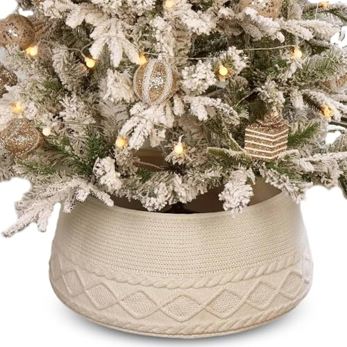 Round Christmas Tree Collar & Skirt - Modern 28 Luxury Cable Knit Knitted Thick Foldable Rustic Xmas Holiday Decoration, Perfect for Indoor Home & Office Floor Use (White)