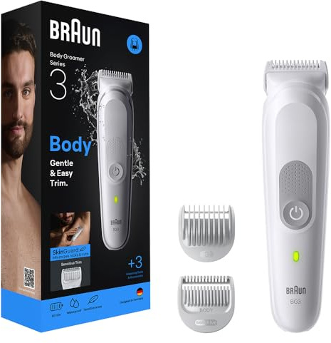 Braun Series 3 Körpertrimmer, +3 Pflegeutensilien, mit SkinGuard Technologie, 80 Minuten Aktionszeit, sensibel für empfindliche Stellen, Pflege und Zuschnitt, wasserdicht, BG3530, grau