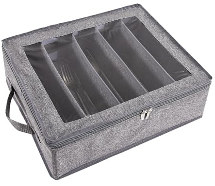 Bestickbricka med lock och justerbara fack 41 cm grå köksorganisatör för bestick koppar camping servis Oxford-tyg dammtät förvaringslåda