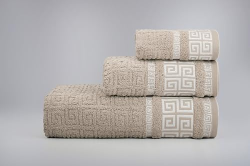 Juego de Toallas de Baño Griegas, 3 Piezas, Blanco con Diseño Dorado, 30x50cm 50x100cm 100x150cm, 600g (Taupe)