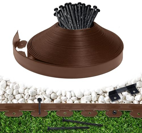 10 m landskapskantning med 30 fästspikar, 6 cm hög trädgård kantsats, plast kantkant flexibel för trädgårdsblommor sängar, gräsmatta, gård, gatväg (brun, 30 fot)