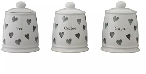 Ceramic Tea, Coffee and Sugar Storage Jars with Hearts Design, Set of 3, White and Grey
