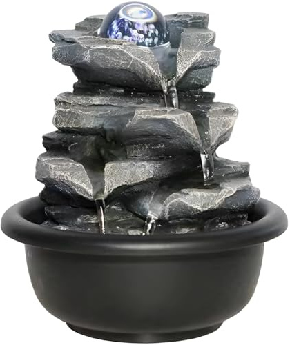 Tabletop Water Fountains Indoor with Light, Natural Creek Simulated Design, Cascading Fountain for Home Office Decor, 7.1 × 6.3 in
