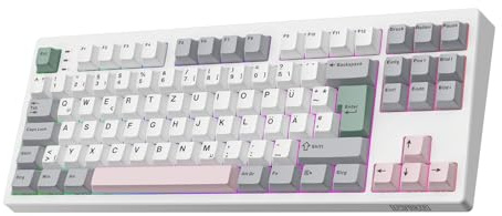 EPOMAKER TH87 ISO-DE Mechanische Tastatur Kabellos, 10000mAh, BT/2,4 GHz/Wired, TKL Gaming-Tastatur Hot Swap Custom, RGB, Gasket, für PC/Mac, Deutsches Layout (Weiß, Sea Salt Silent)