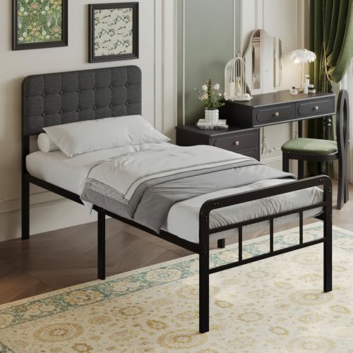 EMODA Bettgestell 90 x 200 cm mit Gepolsterterm Kopfteil und Metallfußteil | 36 cm Hohes Metallbett, Strapazierfähigen Stahl-Lattenrost, Geräuscharm, Stauraum unter dem Bett, Einfache Montage, Grau