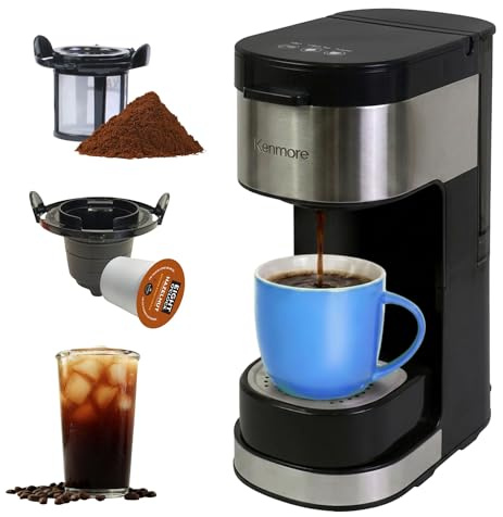 Kenmore Single Serve Coffee Maker With Stainless Steel Travel Mug, Capsule/Pod & Ground Coffee Brewing, K Cup Compatible, Hot & Iced Coffee Machine, 6 to 14 Oz Brew Sizes, Auto Shut-Off, Black