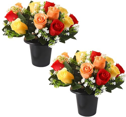 wintfarm 2 Pcs Grave Flower Pots,25 cm Red Orange Yellow Roses Artificial Flowers for Graves Pots for Outdoor Cemetery Decoration,Fake Funeral Commemorative Bouquet Arrangement (Red Orange Yellow)