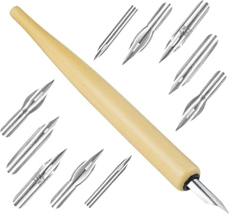 FWYDRJZC 1 Pcs Dip Pen, Ten Stainless Steel Ink Pen Nibs with Wooden Drawing Holder for Writing, Set Comic Pen Nib, Drawing Nibs for Dip Pens, for Writing, Calligraphy, Lettering and Sketch Cartoon
