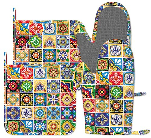 Mexican Oven Gloves Silicone Oven Mitts and Pot Holders Sets of 4, Vintage Kitchen Gloves Hot Holders for Kitchen Baking Cooking Housewarming Gifts