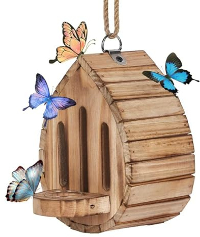 Ounfhtrttk Casa de Mariposas Colgante de Madera, Hábitat para Mariposas con Comedero, Refugio para Mariposas de Madera de Pino.
