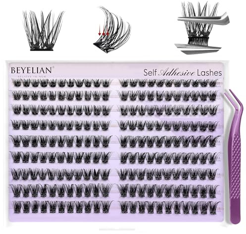BEYELIAN Self Adhesive Lashes Clusters 200Pcs, Pre Glued Eyelashes D Curl 10-16mm Press On Lashes with Tweezer, No Glue Needed DIY Lash Cluster Kits A14