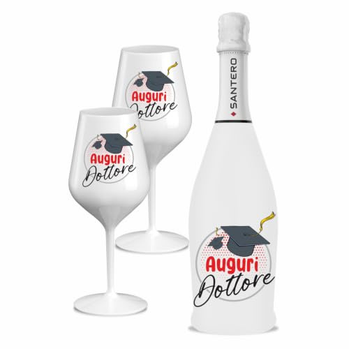 BRANDGIFT.IT Bottiglia Personalizzata Laurea Santero 958 Kit Regalo Bottiglia Spumante 750ml 2 Calici Personalizzati e Box in Cartone Idea Regalo Laurea (DOTTORE, 750 ML)