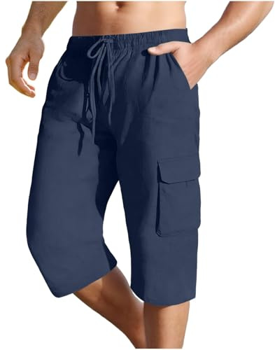Men's 3/4 Length Cotton Linen Shorts Elasticated Waist Cropped Trousers Summer Outdoor Quick Dry Breathable Stretch Combat Cargo Shorts with 4 Pockets Hiking Walking 3/4 Trousers Everyday Workwear
