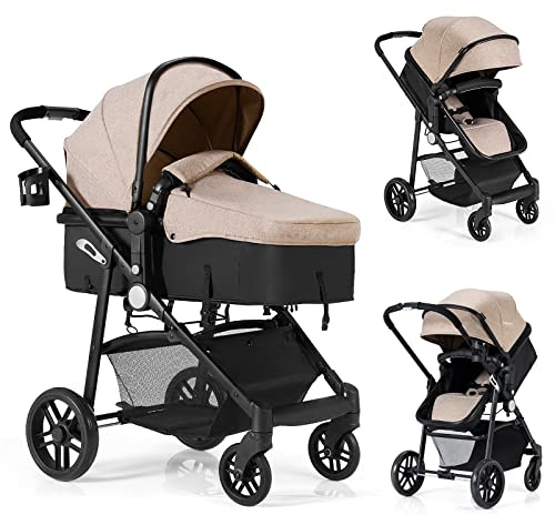 BABY JOY Baby Stroller, 2 in 1 Convertible Carriage Bassinet to Stroller, Pushchair with Foot Cover, Cup Holder, Large Storage Space, Wheels Suspension, 5-Point Harness (Light Coffee)
