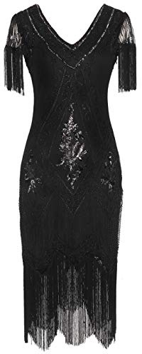 MISSCHEN Dam 1920-talet art deco fransad paljettklänning Gatsby kostym klänning med ärm YLS018, Glam svart, M