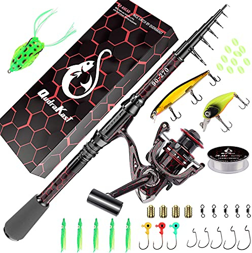 QudraKast Fishing Rod and Reel Combos, Unique Design with X-Warping Painting, Carbon Fiber Telescopic Fishing Rod with Reel Combo Kit with Tackle Box, Best Gift for Fishing Beginner and Angler