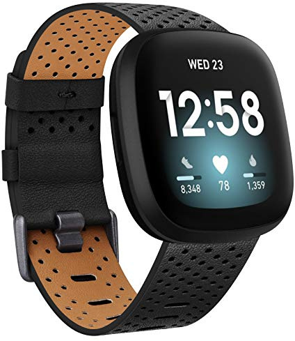 Vancle Kompatibel mit Fitbit Versa 3 Armband/Fitbit Sense Armband, Echtes Leder Ersatzband Armbänder Damen Herren für Fitbit Versa 3/Fitbit Sense (L, Schwarz)