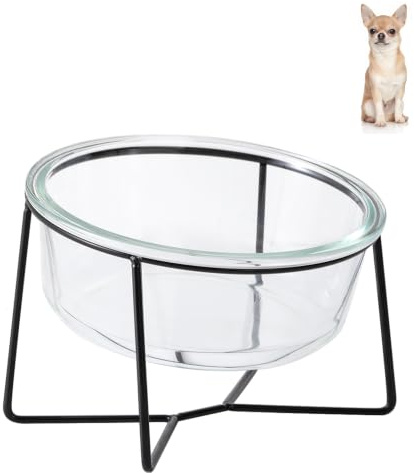 Gamelle pour Chien Surélevée - Petit Bol en Verre avec Support Gamelle Chien Surelevee Métallique - Convient aux Chats et Chiots - 460 ML - Transparent
