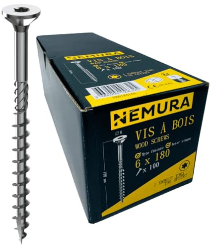 Nemura Lot de 100 Vis à Bois 6 x 180 mm - en Acier Zingué à Tête Fraisée - vis à bois Torx - Visses Spéciales pour Bois et Aggloméré- Haute Qualité Durable - Marque Francaise
