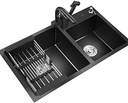 Fregaderos De Dos Senos Negro Cocina Grande Acero Inoxidable con Grifo Multifunción Y Accesorios (Color : Black, S : 81x43cm)