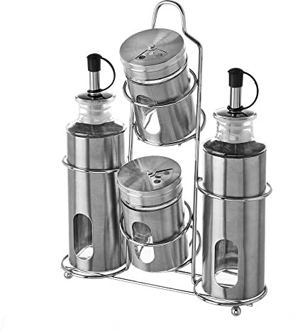 Juego de aceitera, vinagrera, salero y pimentero de cristalcon soporte de acero inoxidable gris de 17x7x24 cm - LOLAhome
