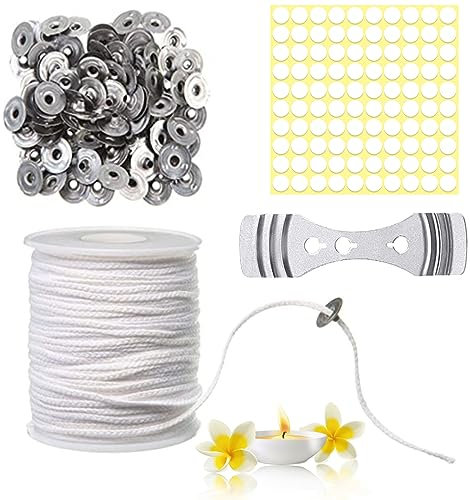 Kerzendochte für Kerzen Rolle, Kerzendocht Baumwolle, 61M Docht für Kerzen, Geflochtene Flachdocht mit 1 Metallhalterung und 100 Eisenbleche, Naturkerzendocht für DIY Kerzenherstellung