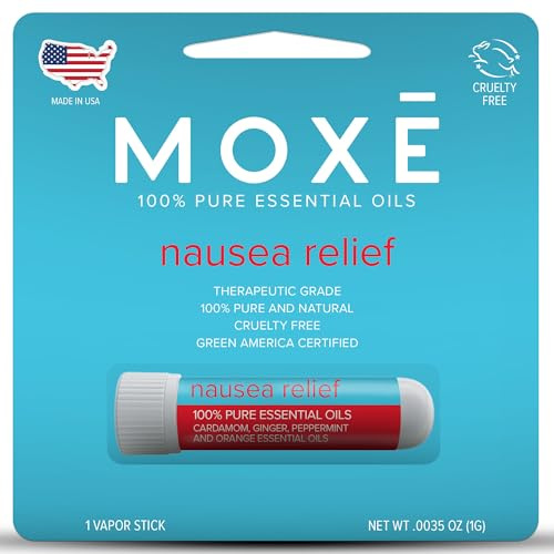 MOXE Nausea Nasal Inhaler Sticks, All Natural Essential Oil Blend, Ginger, Cardamom, Peppermint, Sweet Orange, Upset Stomach, Headaches, Easy-to-Use Portable Aromatherapy, Made in USA, 1 Pack