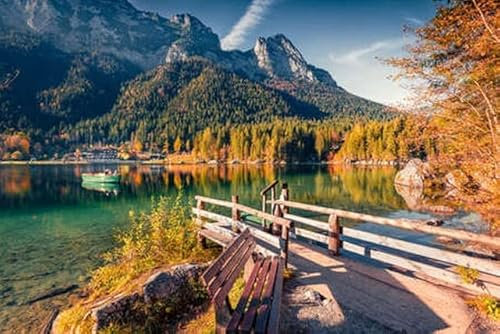 adrium Holz-Bild 90 x 60 cm: Sonniger Herbstblick auf den Hintersee mit Holzsteg und Fischerboot. Atemberaubende Aussicht auf die bayerischen Alpen, (189915979)
