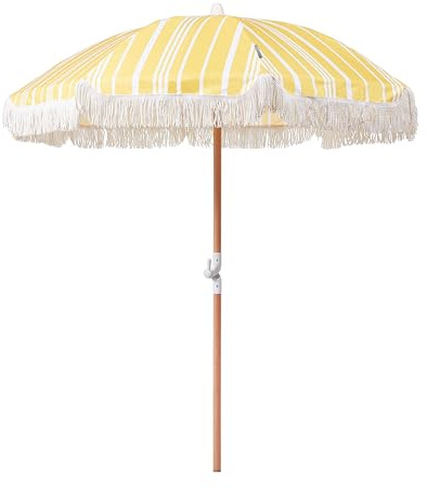 Beliani Sonnenschirm mit Volant Regenschutz Holzmast rund Boho Mondello